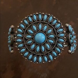 Cuff Bracelet Faux Turquoise Silver Tone